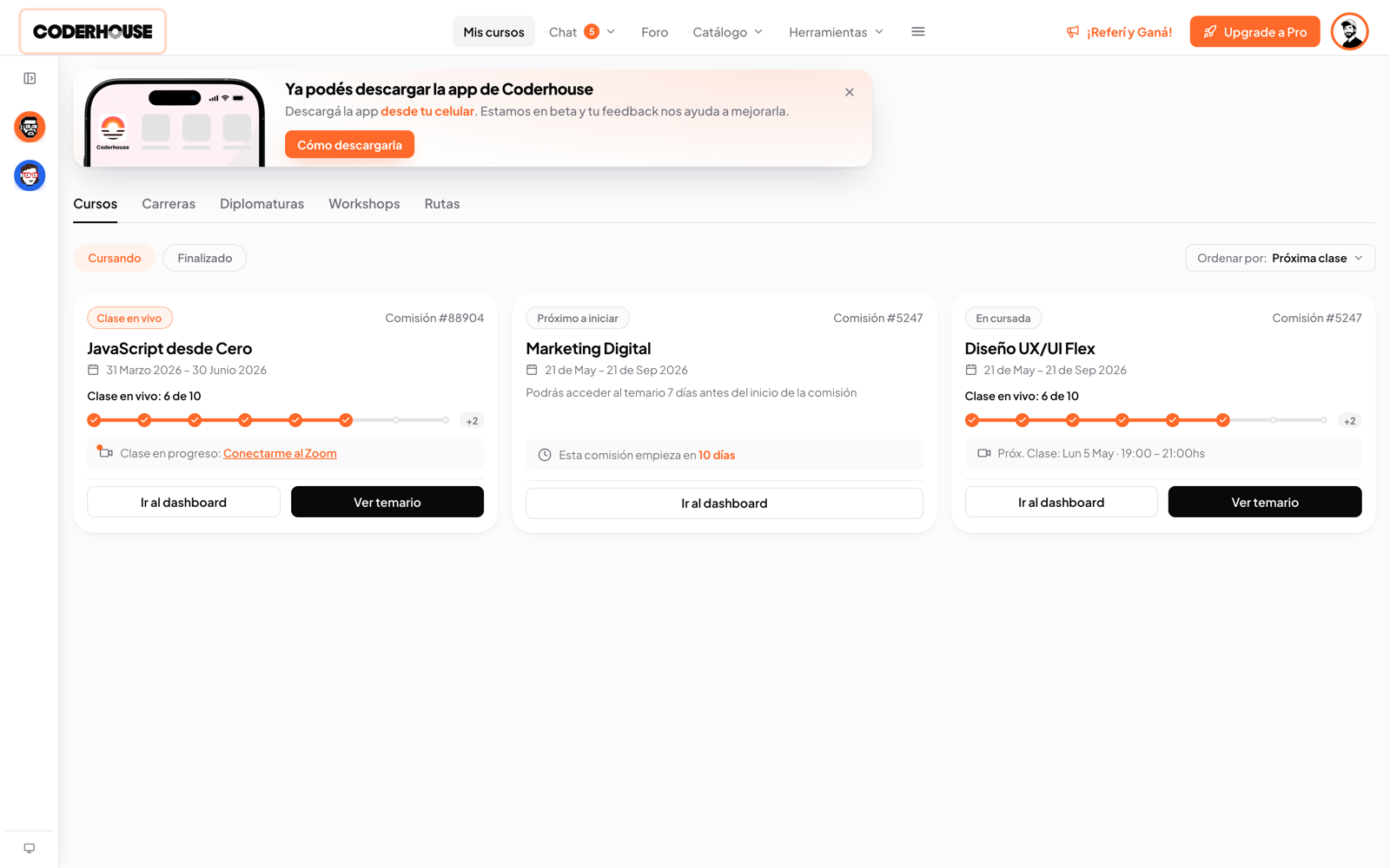 Student campus, home dashboard with active courses