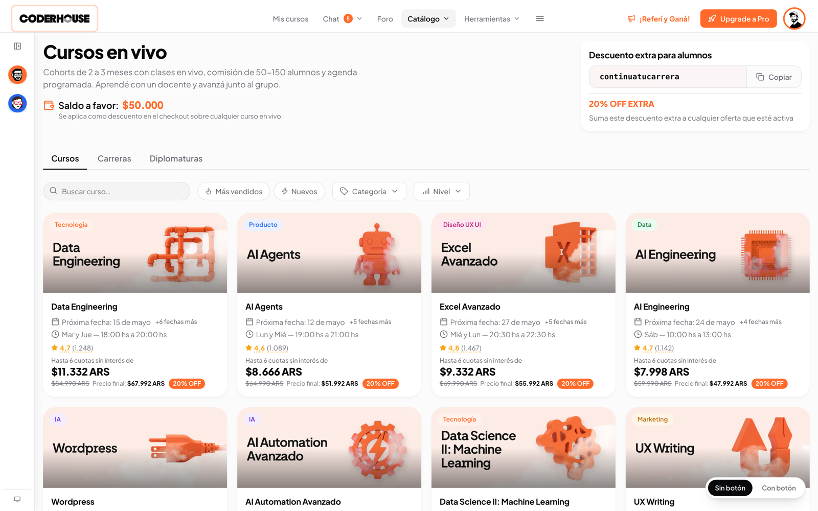 Course catalog with live workshops and on-demand tracks