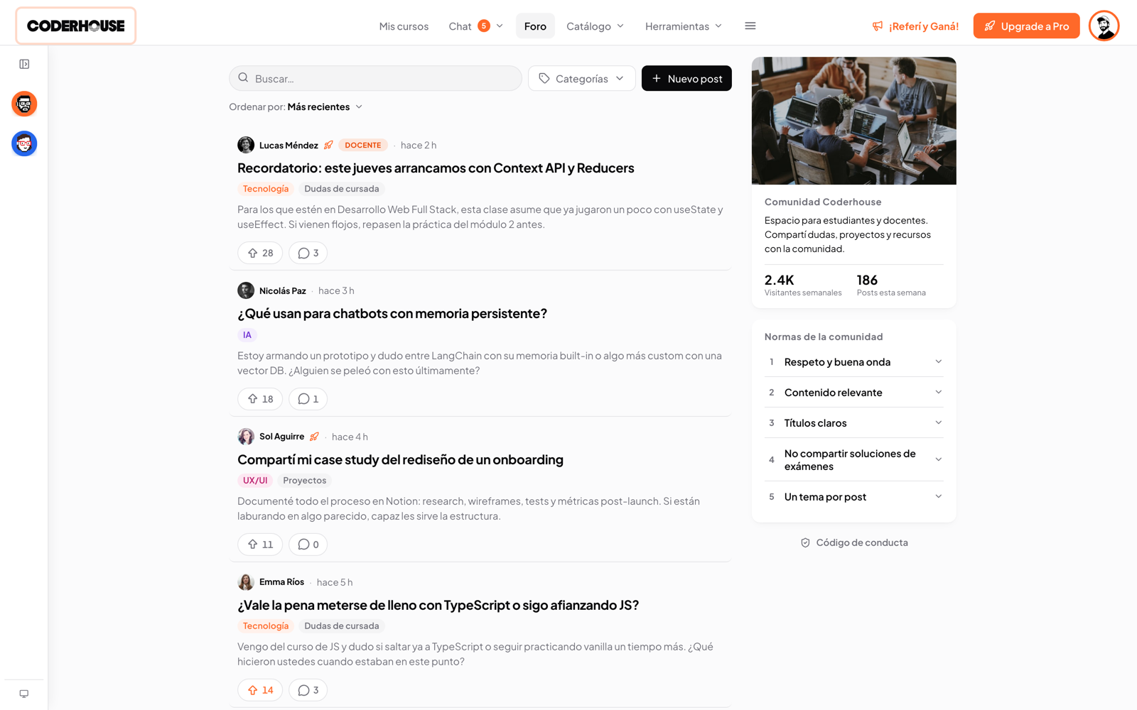 Student forum with course discussions and community stats