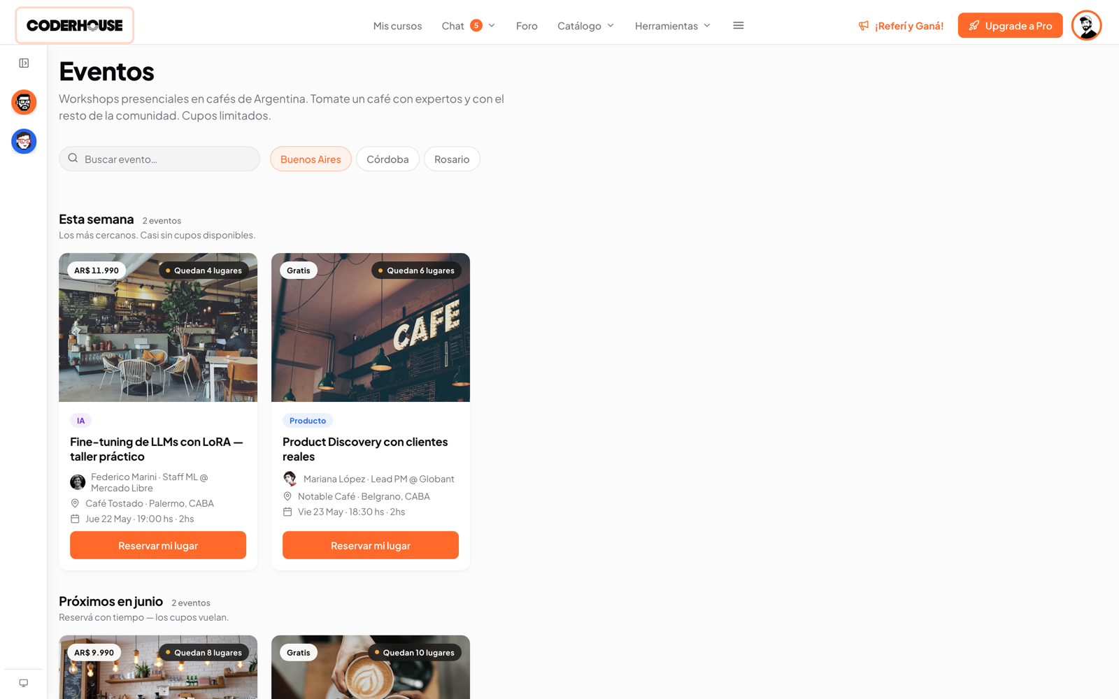 In-person events calendar with meetups in local cafes and coworking spaces