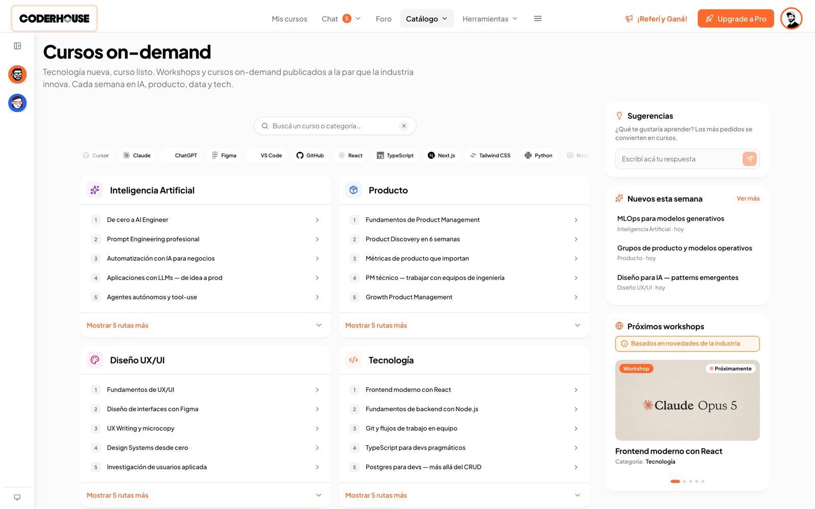 On-demand course tracks organized by topic, AI, product, design and tech
