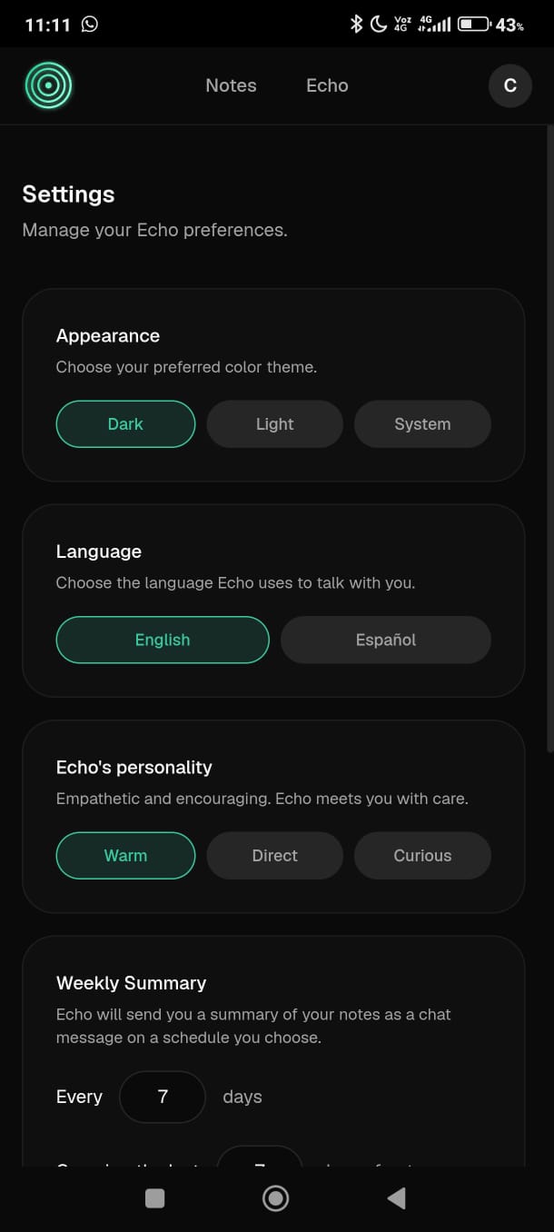 Settings, appearance, language, personality